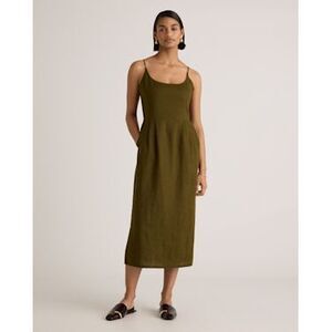 Quince 100% European Linen Scoop Neck Midi Dress in Martini Olive